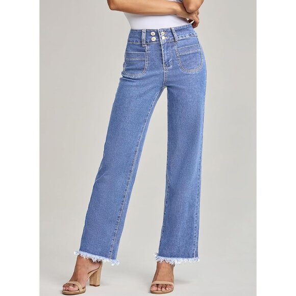 Womens Wide Leg Jeans High Waisted Denim Pants Frayed Hem Trendy Stretchy - Picture 3 of 6